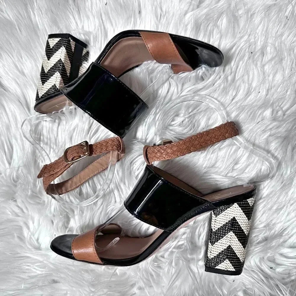 TABITA | Patent Leather Combo Block Heels Chevron‎ Sandals Tan Black | Size 7